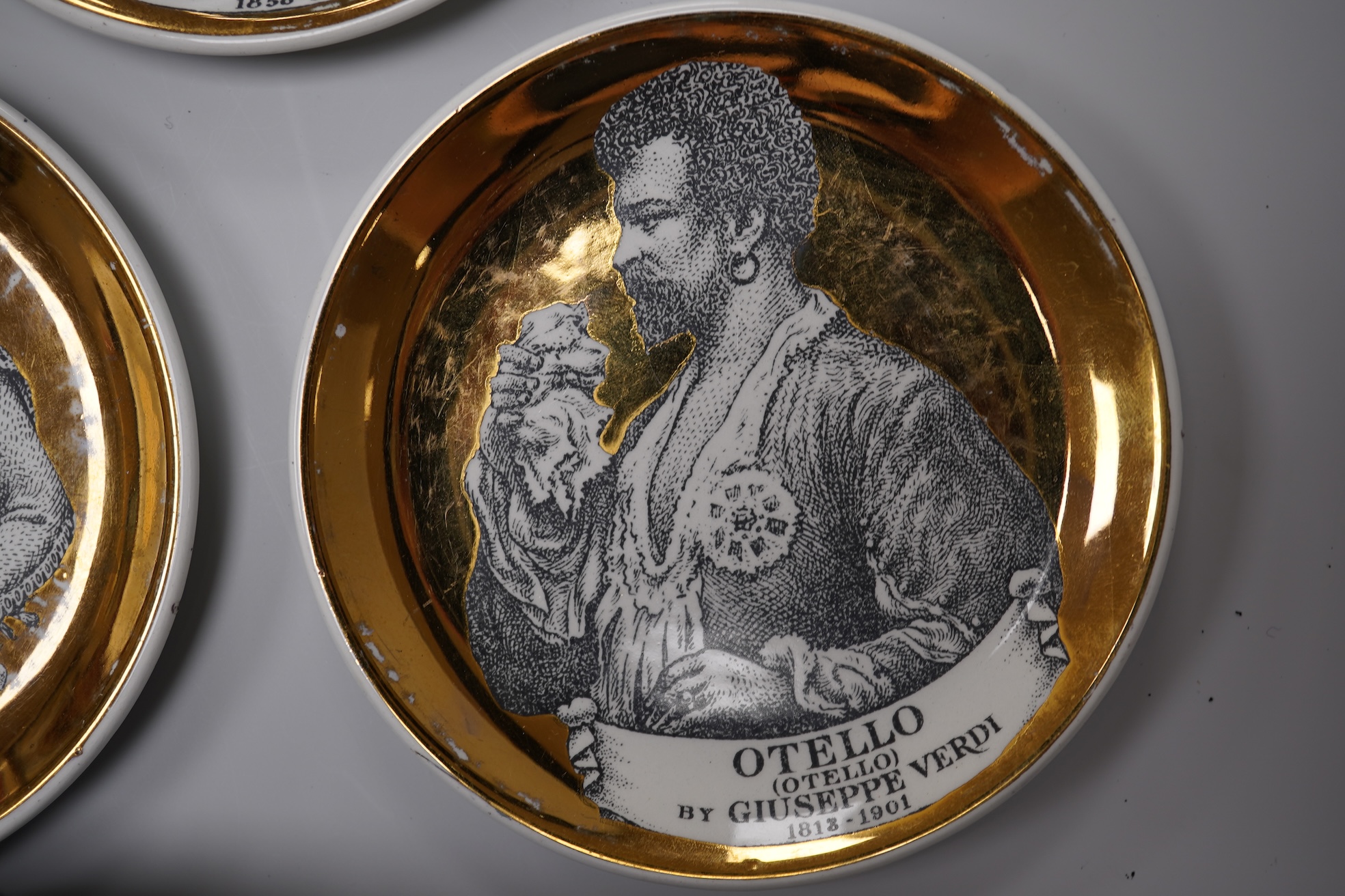 Fornasetti, a group of five operatic coasters, ‘Melodramma’ to include Otello and Desdemona, 10cm in diameter